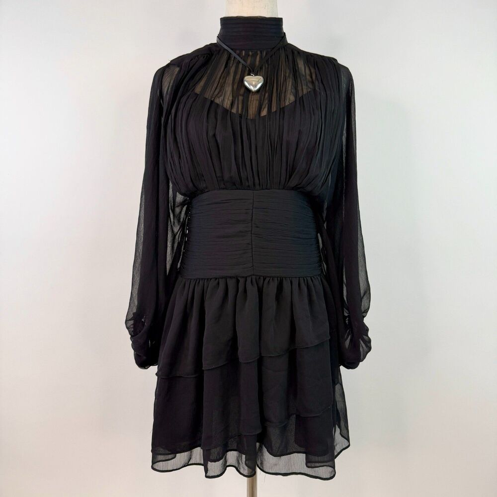 Express Black Chiffon Midi Dress Ruffled Tiered Corset Style Whimsygoth Grunge 2